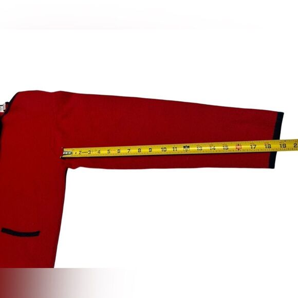 Lord & Taylor 100% Merino Wool Cropped Red Sweater Black Trim Cardigan Button Up - Picture 8 of 9